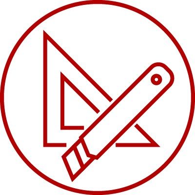 Icon showing set square or drafting triangle and box cutter knife, packaging, adjusting, adjustment, made-to-measure, bespoke