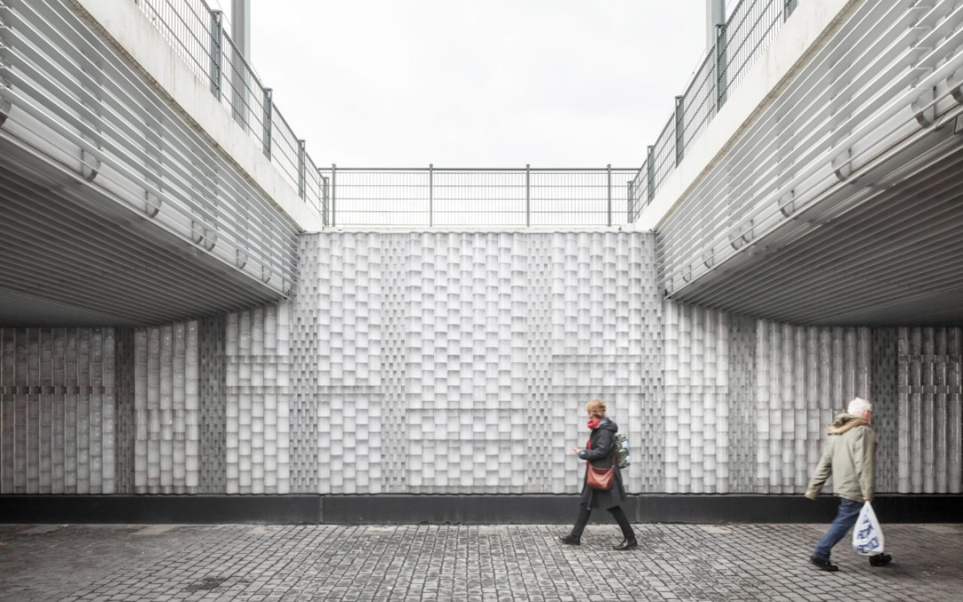Augmented Brickwork - Public Railway Passage with glass bricks, Brick Award Nominee 2018; Civic Architects and Bright (The Cloud Collective), Photo:  Stijn Bollaert