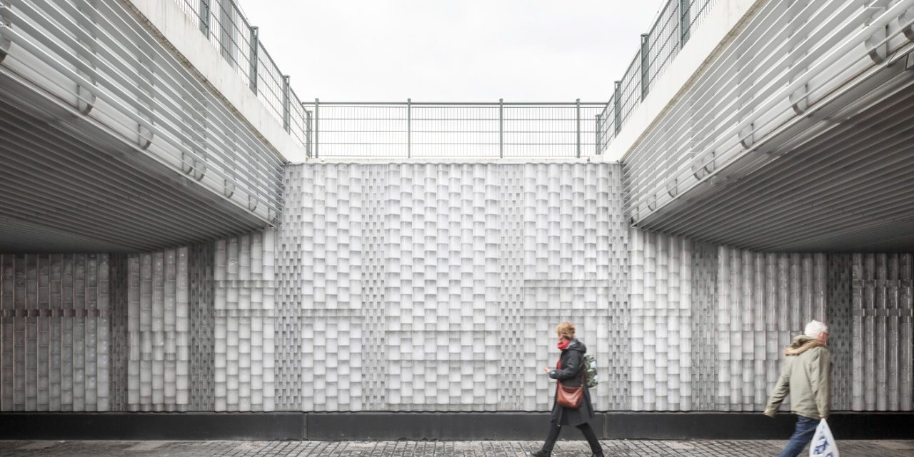 Augmented Brickwork - Public Railway Passage with glass bricks, Brick Award Nominee 2018; Civic Architects and Bright (The Cloud Collective), Photo:  Stijn Bollaert