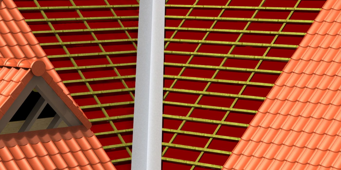 3D illustratie dak Koramic daktoebehoren: onderdakfolie. Drie soorten: Premium 2S, Classic Super 2S met dubbele kleefstrook en Classic. Niet keramische kwaliteitsproducten:  Nok- en hoekkeperafwerking, Onderdakfolie, Panhaken, Aansluitingen, Bevestiging dakpannen, Dakvoetafwerking en Koraflex Plus. Niet keramische kwaliteitsproducten voor een technische en esthetische afwerking. Regendicht en ventilatie mogelijk. Technisch en esthetisch dakafwerking bij aansluitdetails, snijlijnen en ventilatieopeningen.