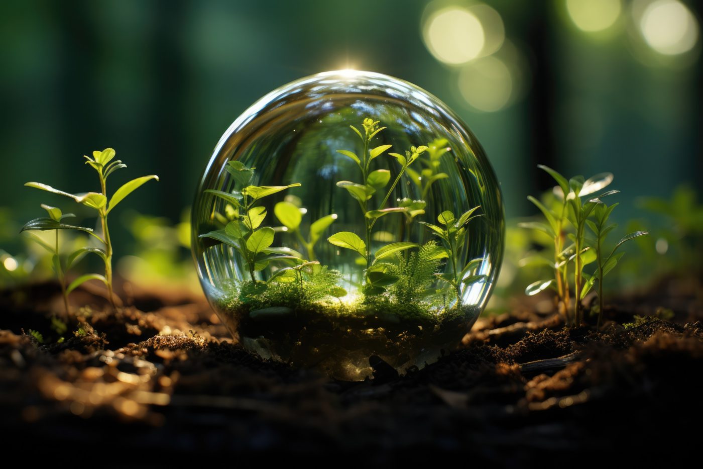 Glass globe encircled by verdant forest flora, symbolizing nature, environment, sustainability, ESG, and climate change awareness, generative ai