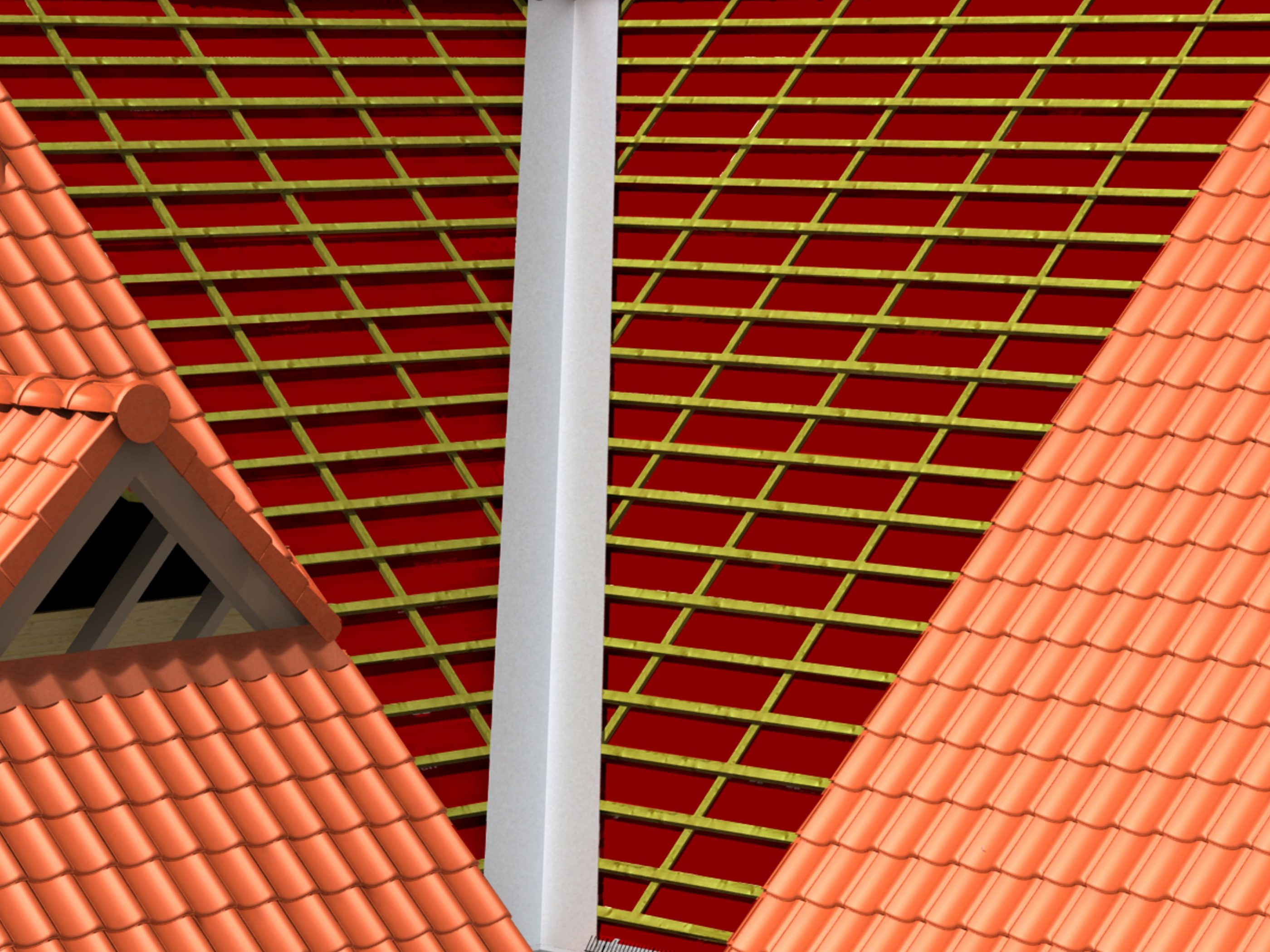 3D illustratie dak Koramic daktoebehoren: onderdakfolie. Drie soorten: Premium 2S, Classic Super 2S met dubbele kleefstrook en Classic. Niet keramische kwaliteitsproducten:  Nok- en hoekkeperafwerking, Onderdakfolie, Panhaken, Aansluitingen, Bevestiging dakpannen, Dakvoetafwerking en Koraflex Plus. Niet keramische kwaliteitsproducten voor een technische en esthetische afwerking. Regendicht en ventilatie mogelijk. Technisch en esthetisch dakafwerking bij aansluitdetails, snijlijnen en ventilatieopeningen.