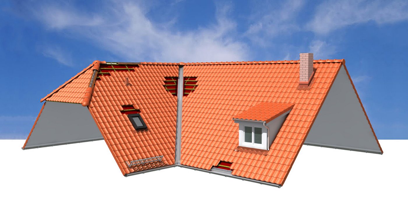 oramic daktoebehoren: niet keramische kwaliteitsproducten voor een technische en esthetische afwerking. 3D illustratie dak.  Regendicht en ventilatie mogelijk.  Technisch en esthetisch dakafwerking bij aansluitdetails, snijlijnen en ventilatieopeningen. Niet keramische kwaliteitsproducten:  Nok- en hoekkeperafwerking, Onderdakfolie, Panhaken, Aansluitingen, Bevestiging dakpannen, Dakvoetafwerking en Koraflex Plus.