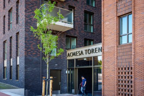 Nieuwbouw Acmesa toren, Assen | Gevelbakstenen: Zwart, Moana, Blauwrood Genuanceerd, Andalucia, Veldbrons Gesinterd, Marziale, Passiebloem, Goudsbloem, Hoornbloem, Pearl Tahiti en Pearl Malaysia | Straatbaksteen: Padova DF