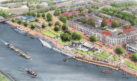 Inspire! 01-2019 project - IJsselkade, Zutphen Hosper. Opdrachtgever: Gemeente Zupthen. Ontwerp/architect: HOSPER landschapsarchitectuur en stedenbouw, Haarlem. Bestek: Roelofs advies & ontwerp, Den Ham. Aannemer: Combinatie NTP Infra/De Klerk V.O.F.. Jaar van realisatie: 2017-2018. Straatbakstnene: Basalt, Padova en Argenti DF