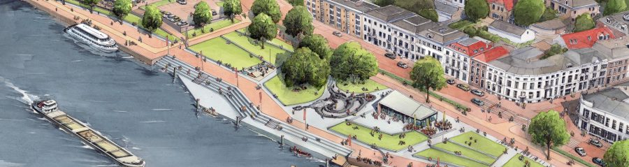 Inspire! 01-2019 project - IJsselkade, Zutphen Hosper. Opdrachtgever: Gemeente Zupthen. Ontwerp/architect: HOSPER landschapsarchitectuur en stedenbouw, Haarlem. Bestek: Roelofs advies & ontwerp, Den Ham. Aannemer: Combinatie NTP Infra/De Klerk V.O.F.. Jaar van realisatie: 2017-2018. Straatbakstnene: Basalt, Padova en Argenti DF