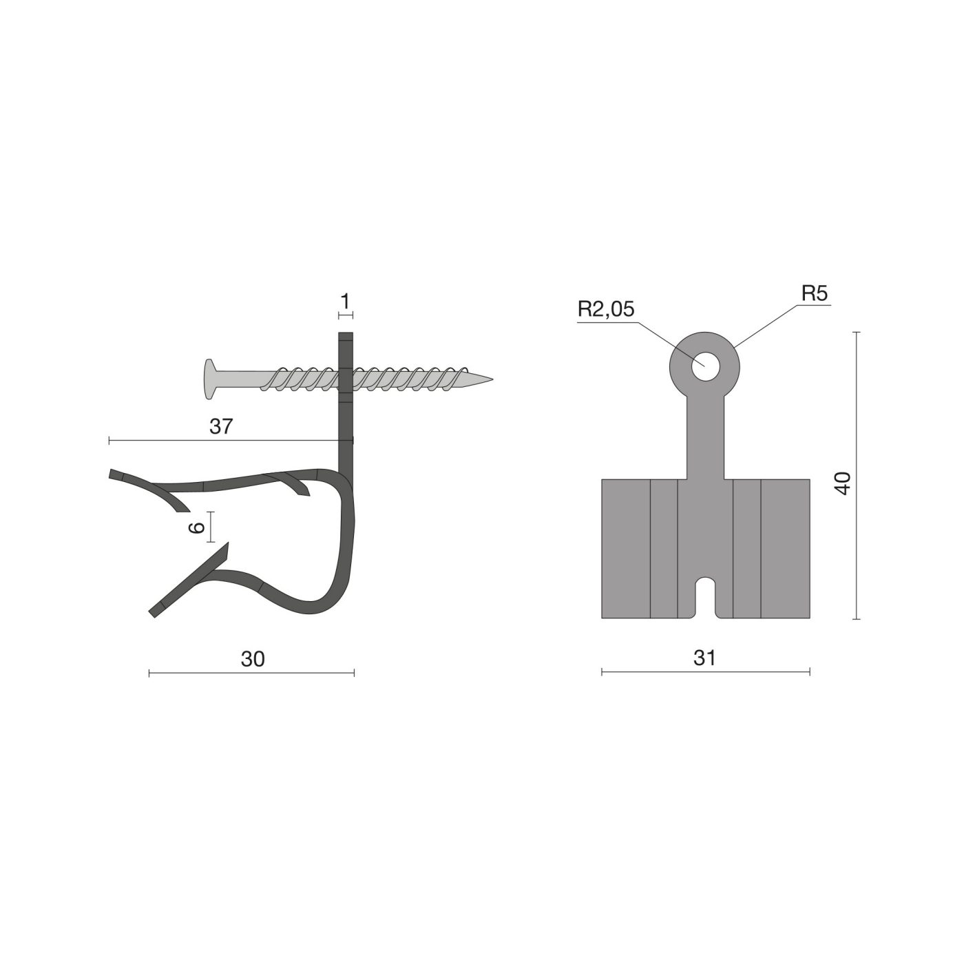 Technische tekening van de Hoekkeperklem XL rvs met schroef, 4x50mm