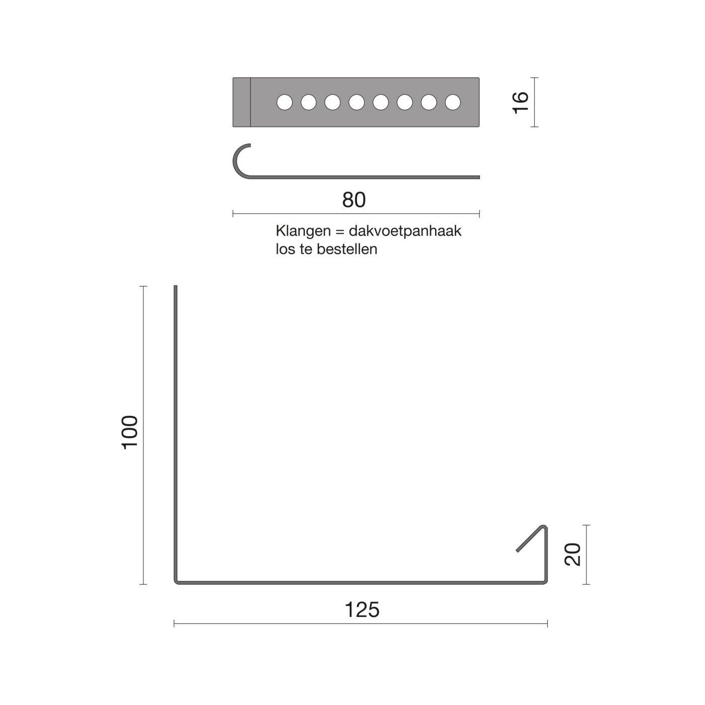 Technische tekening van de Gootelement aluminium links