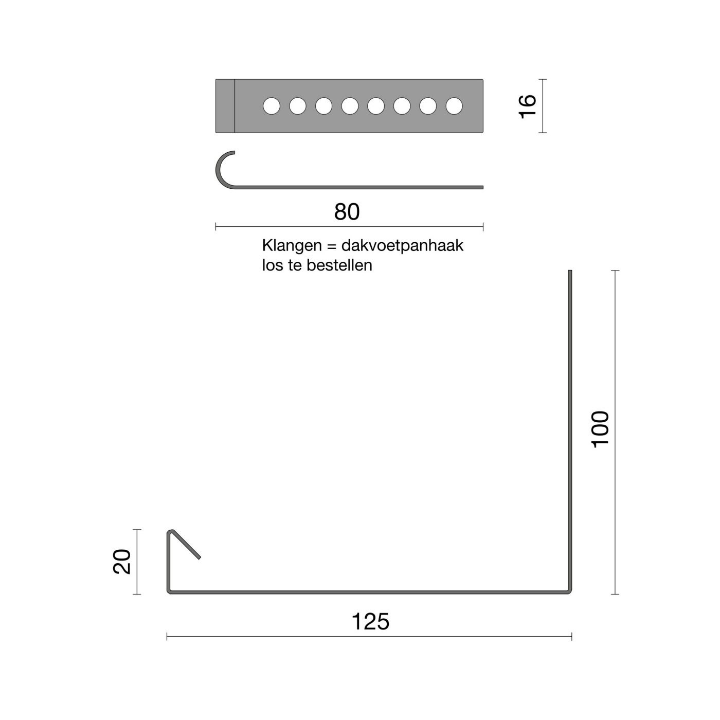 Technische tekening van de Gootelement aluminium rechts