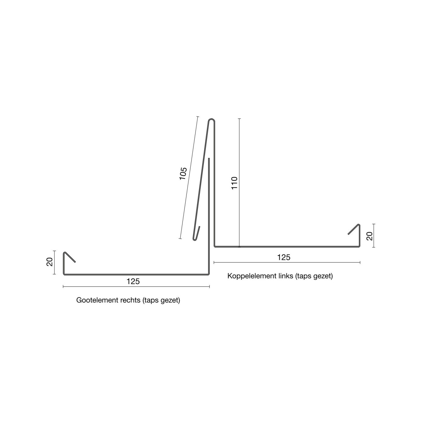Technische tekening van de Renovatieprofiel aluminium gootelement rechts, koppelelement links