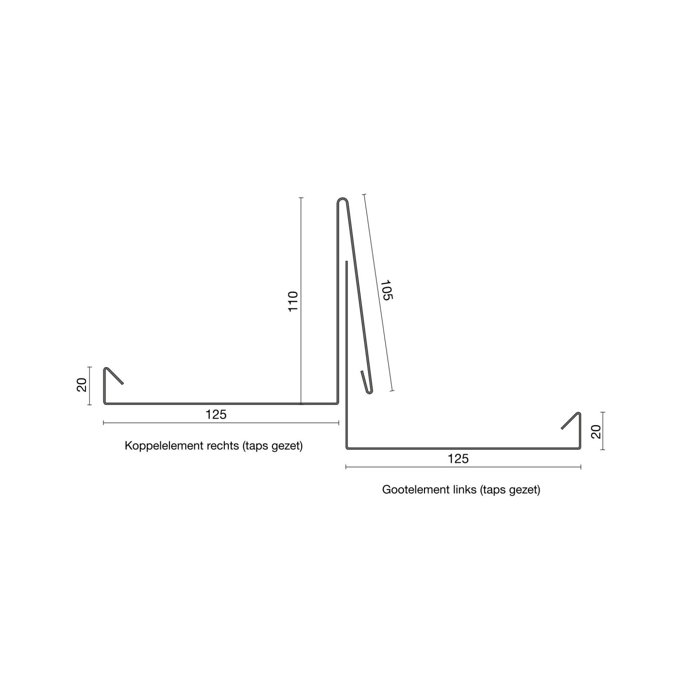 Technische tekening van de Renovatieprofiel aluminium gootelement links, koppelelement rechts