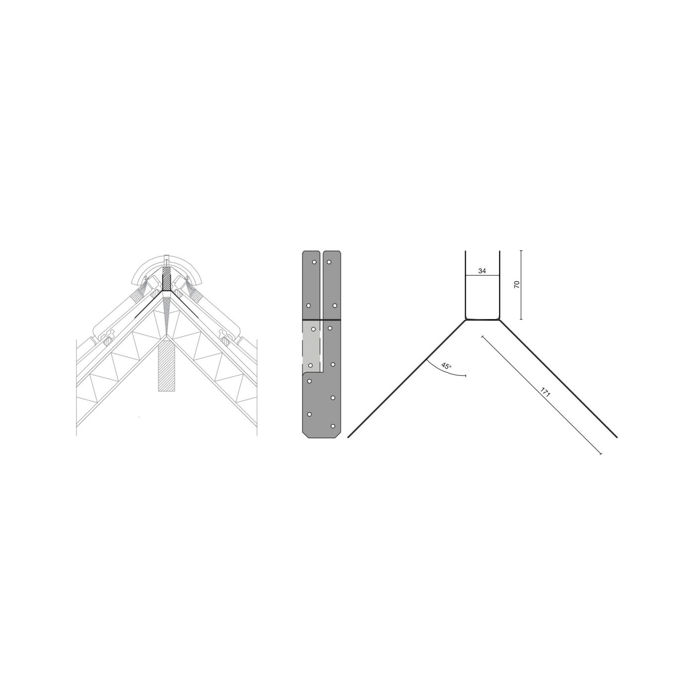 Technische tekening van de Ruiterdrager nok 45 graden