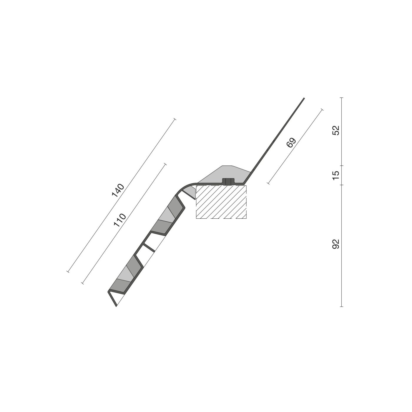 Technische tekening van de Combidakvoetprofiel kunststof 140