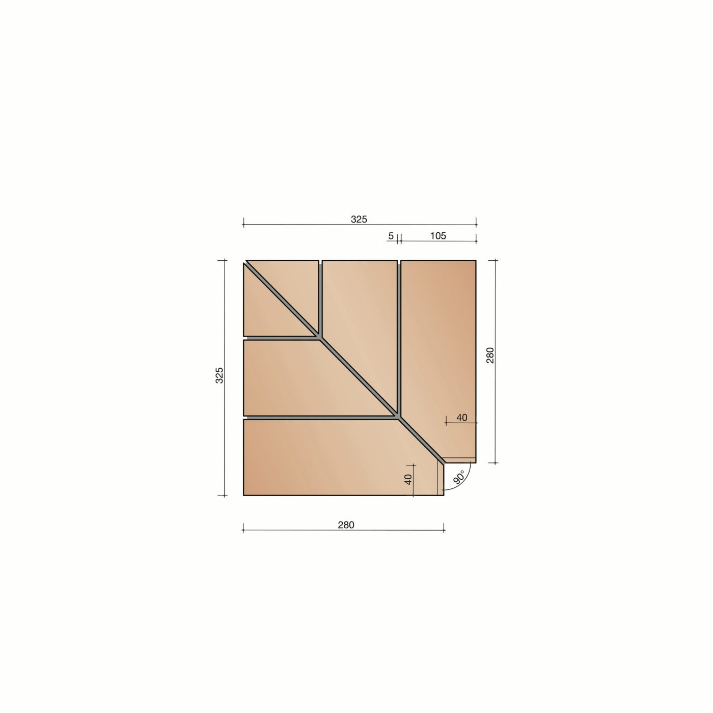 Samengestelde hoek verlijmd uitwendig 90 graden 20 mm 280 x 105 x 30 mm