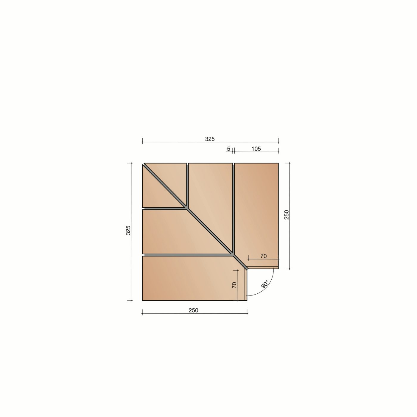 Samengestelde hoek verlijmd uitwendig 90 graden 20 mm 250 x 105 x 30 mm