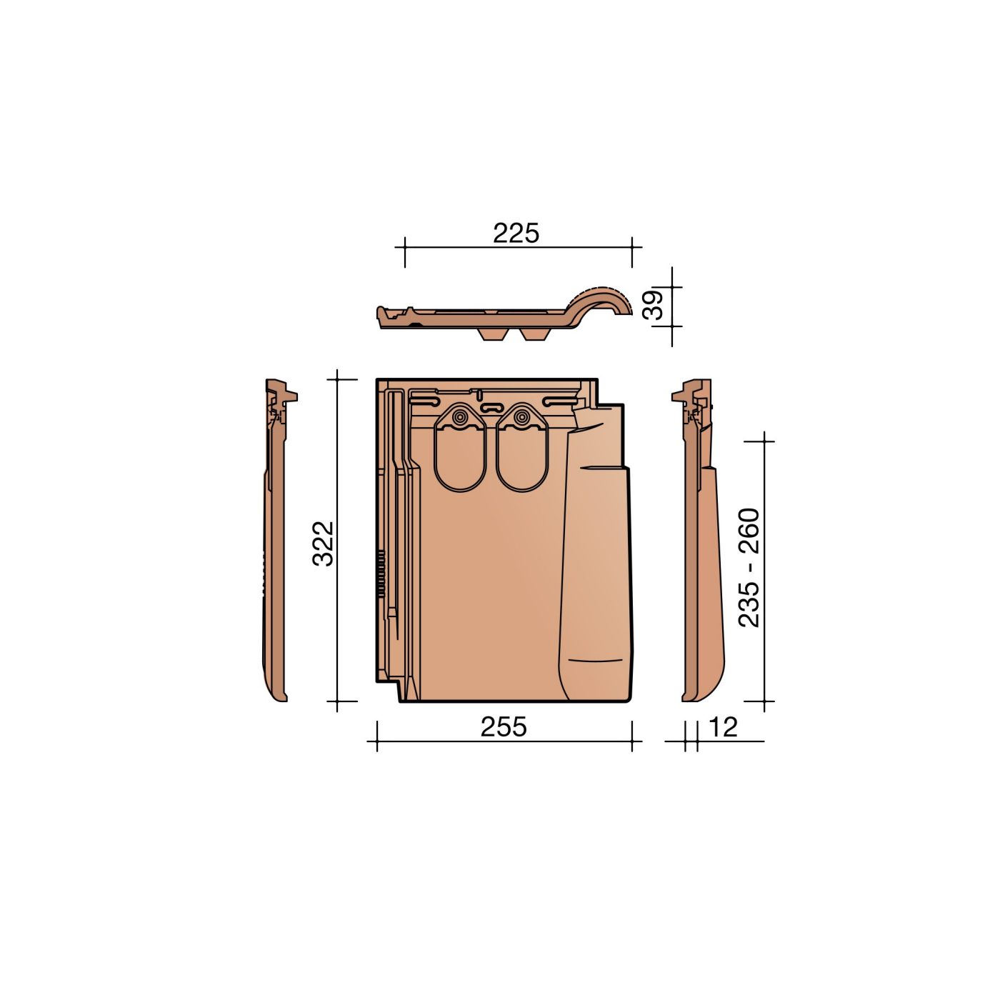 Technische tekening van de Tuile du Nord 18 doorsnede dakpan