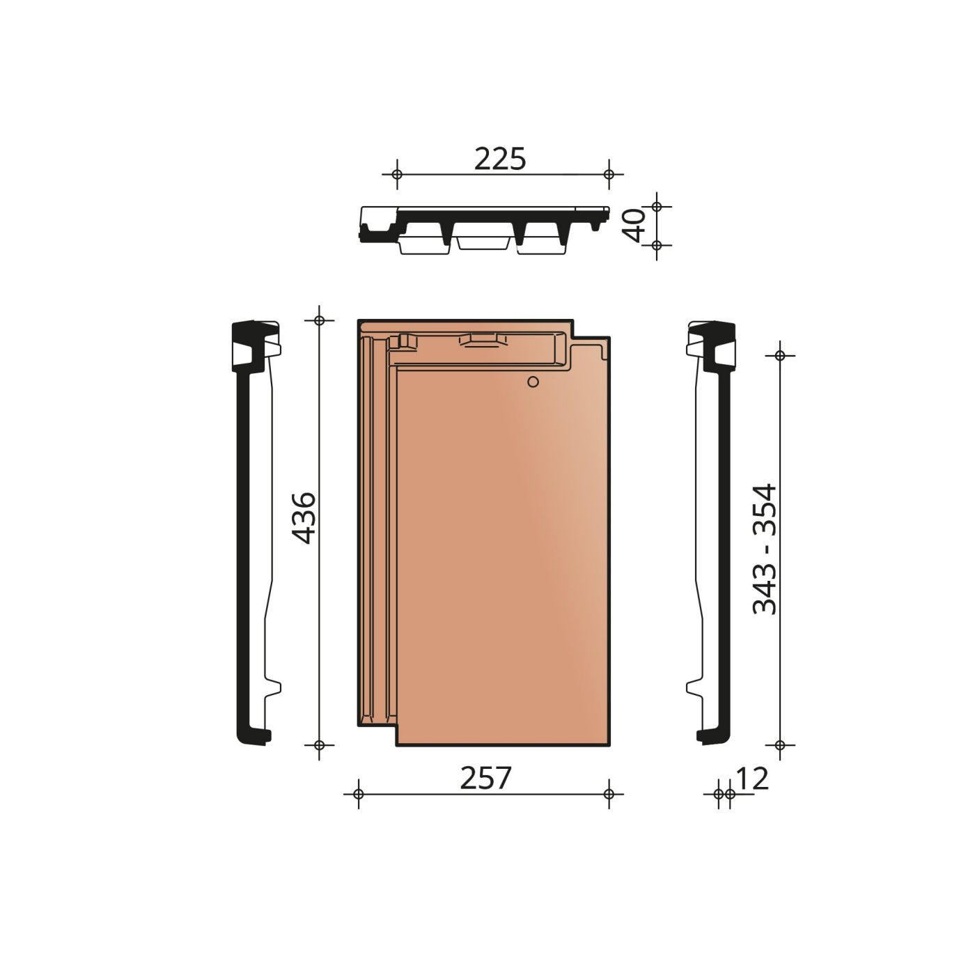 Technische tekening van de Domino dakpan