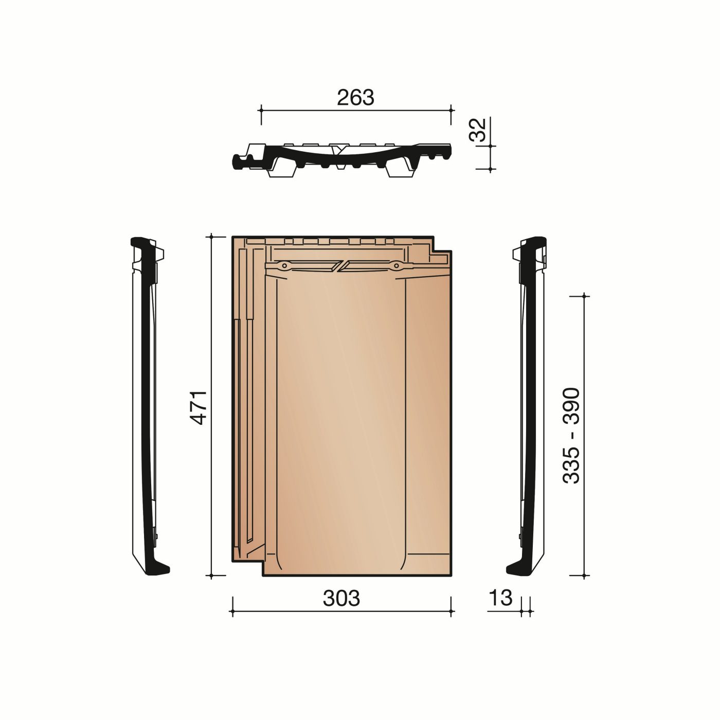 Technische tekening van de Jura Nova dakpan