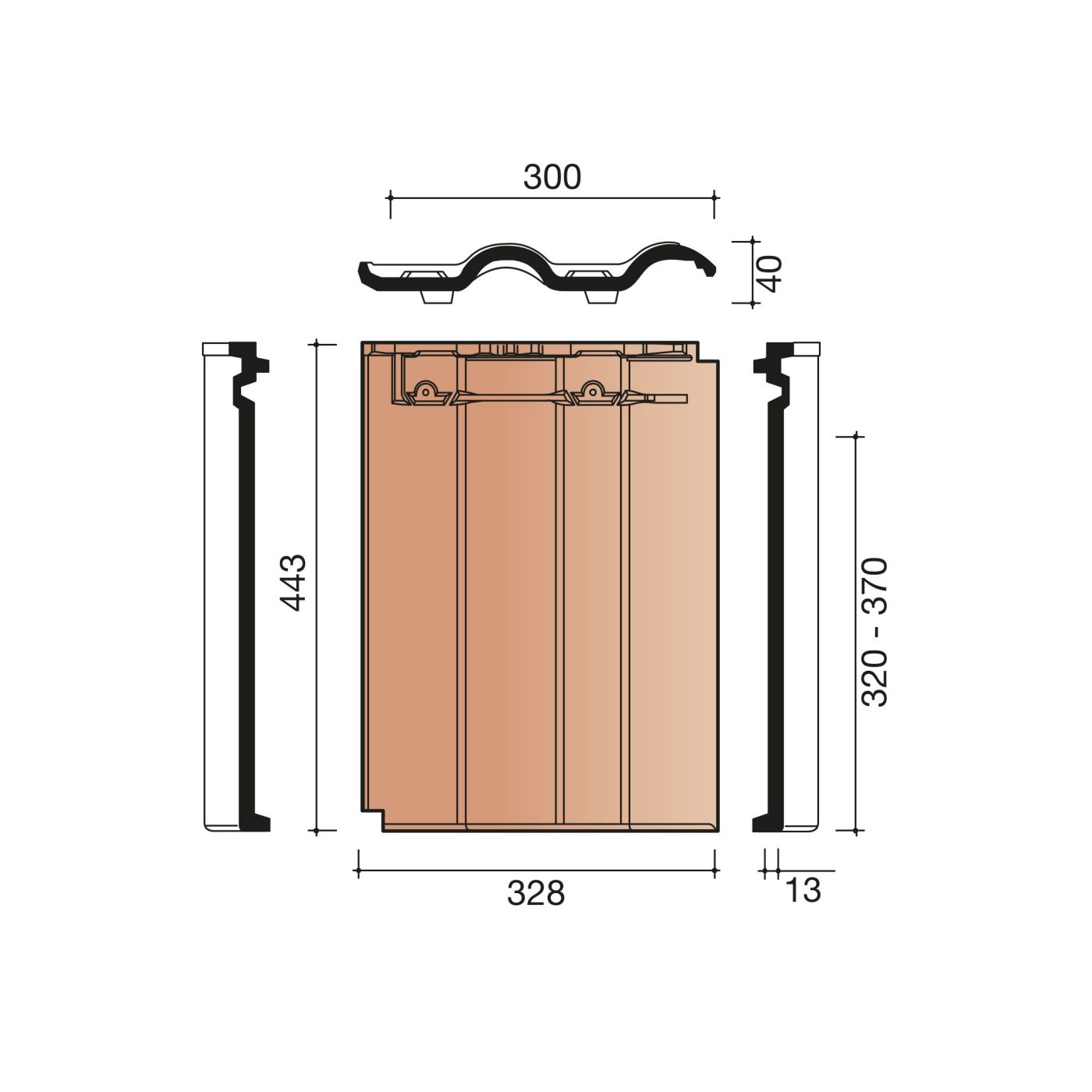 Technische tekening van de Modula dakpan