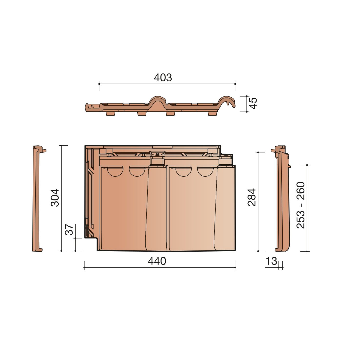 Technische tekening van de Opalys doorsnede dakpan