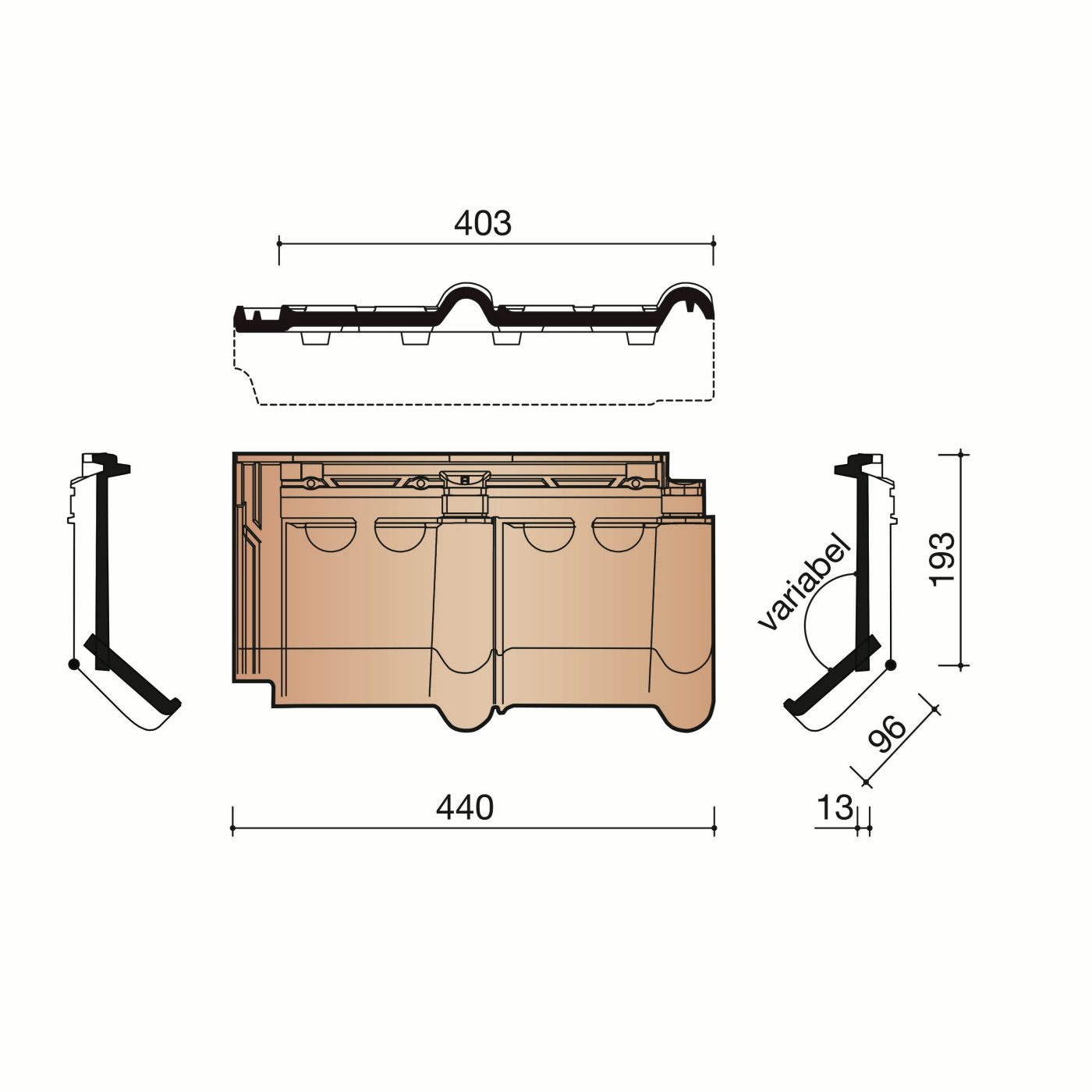Technische tekening van de Opalys knikpan op maat (verlijmd)